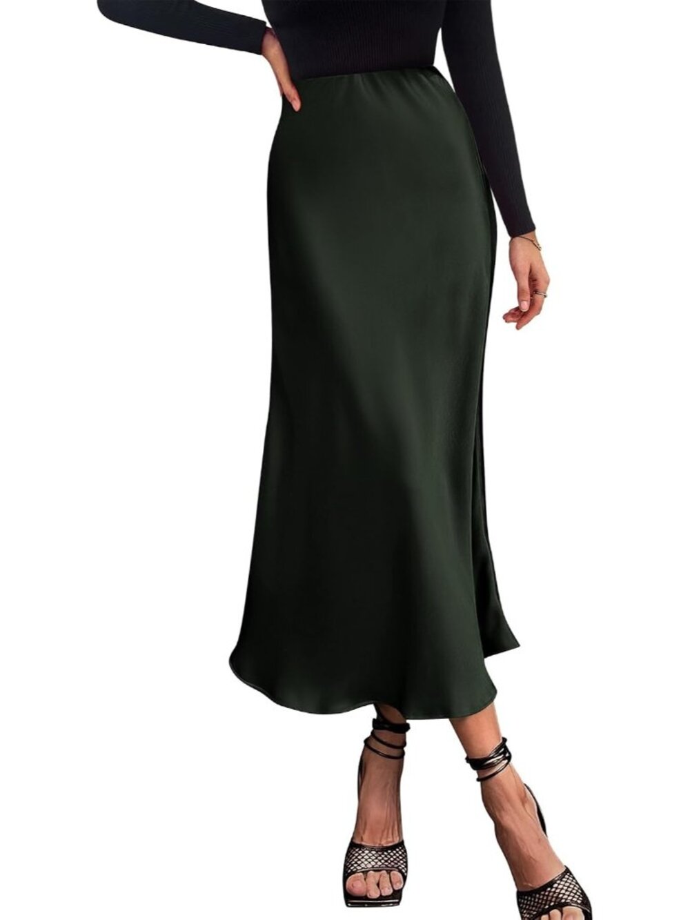 Women Olive High Waist Satin A-Line Elegant Slip Bias Cut Flowy Long Midi Skirt
